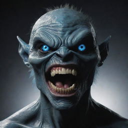 Generate an image of a humanoid monster, possessing a single, large blue eye, fearsome large teeth, and a dark, black body.