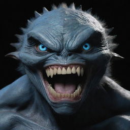 Generate an image of a humanoid monster, possessing a single, large blue eye, fearsome large teeth, and a dark, black body.