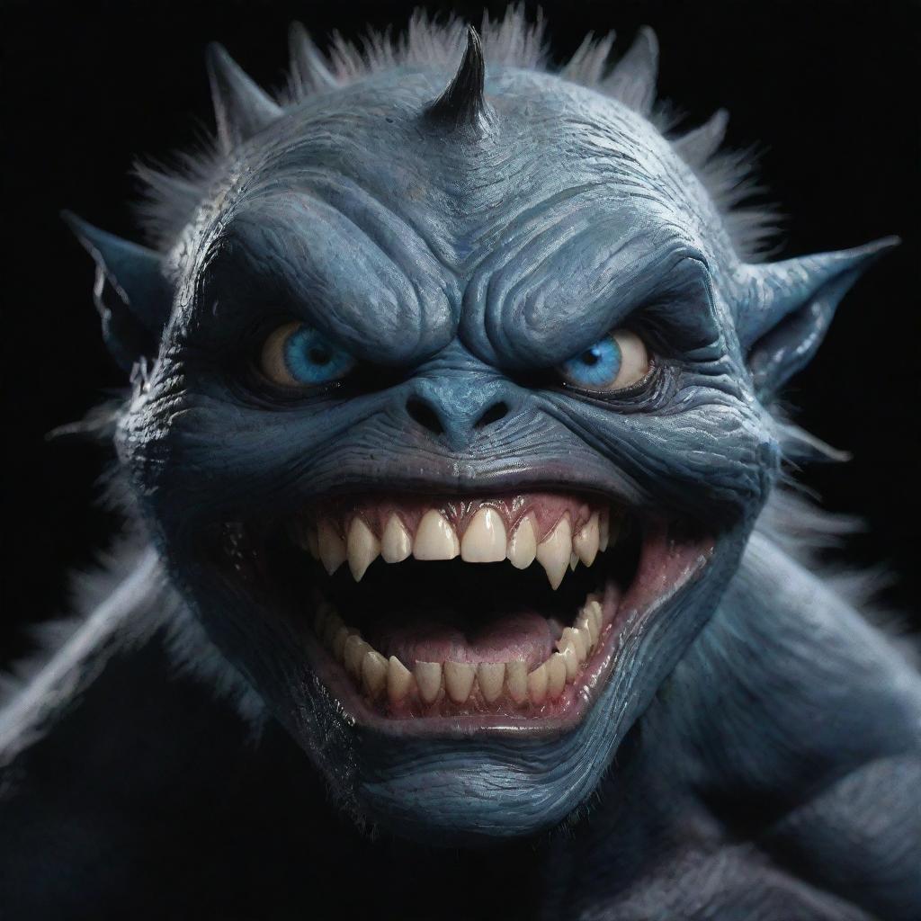 Generate an image of a humanoid monster, possessing a single, large blue eye, fearsome large teeth, and a dark, black body.