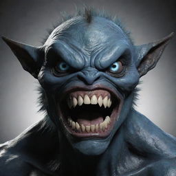 Generate an image of a humanoid monster, possessing a single, large blue eye, fearsome large teeth, and a dark, black body.