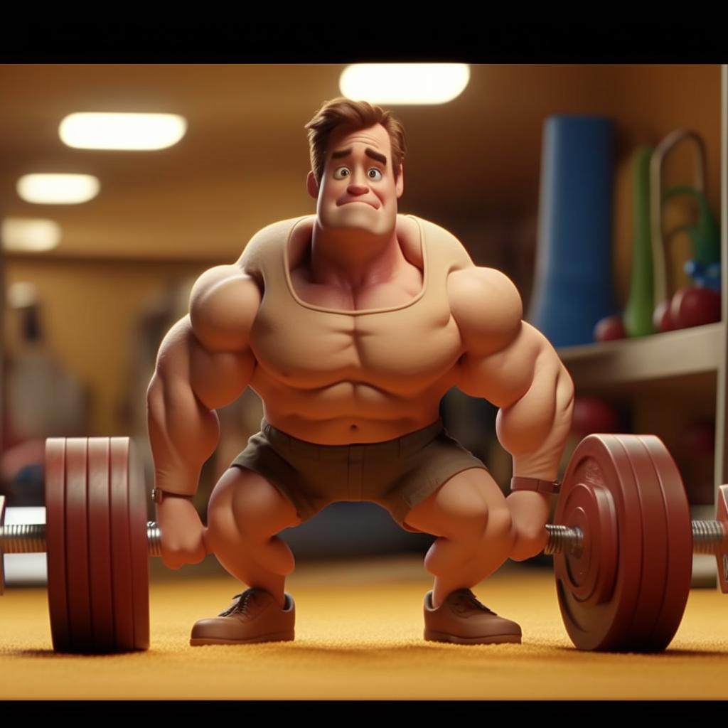 Depict a claymation scene where Steve Carrell, as Chad, starts lifting weights, motivated by hope and anticipation of receiving a muscle-enhancing 'wonderdrug' in the post. Ensure to show the determination in his 'skinny fat' condition.