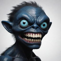 Create a 2D image of a humanoid monster with one oversized blue eye, large teeth, and a dark black body.