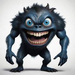 Create a 2D image of a humanoid monster with one oversized blue eye, large teeth, and a dark black body.