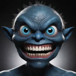 Create a 2D image of a humanoid monster with one oversized blue eye, large teeth, and a dark black body.