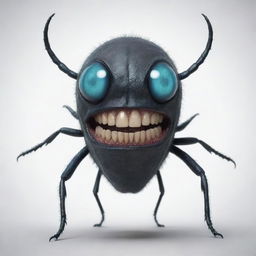 Generate a 2D image of a beetle-like humanoid monster, characterized by a single, large blue eye, prominent teeth, and a dark black body.