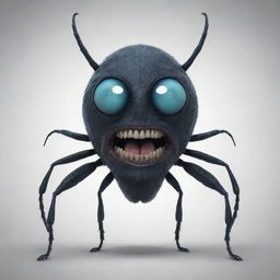 Generate a 2D image of a beetle-like humanoid monster, characterized by a single, large blue eye, prominent teeth, and a dark black body.
