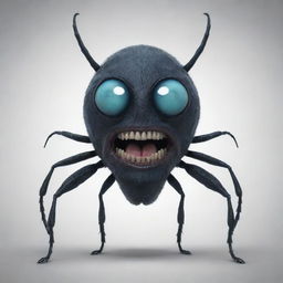 Generate a 2D image of a beetle-like humanoid monster, characterized by a single, large blue eye, prominent teeth, and a dark black body.