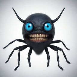 Generate a 2D image of a beetle-like humanoid monster, characterized by a single, large blue eye, prominent teeth, and a dark black body.