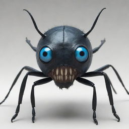 Generate a 2D image of a beetle-like humanoid monster, characterized by a single, large blue eye, prominent teeth, and a dark black body.