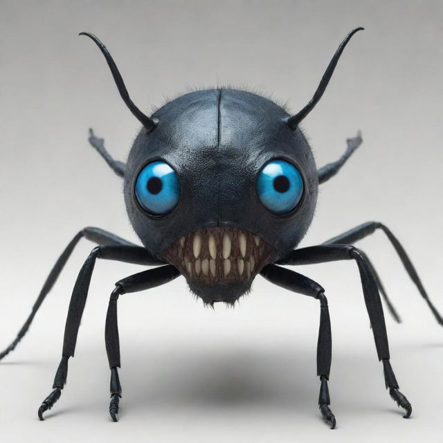 Generate a 2D image of a beetle-like humanoid monster, characterized by a single, large blue eye, prominent teeth, and a dark black body.