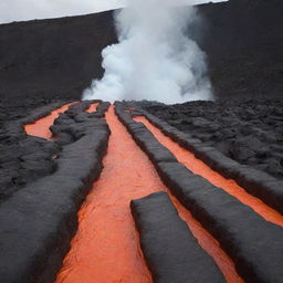 A vibrant obstacle course (Obby) built on a cooling lava flow surrounded by geysers of erupting magma.