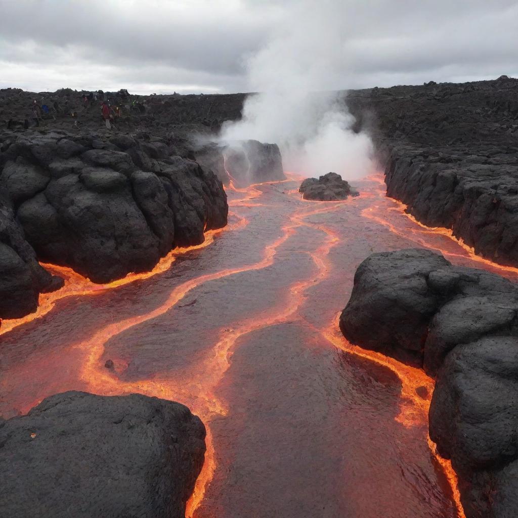 A vibrant obstacle course (Obby) built on a cooling lava flow surrounded by geysers of erupting magma.