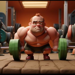 Depict a claymation scene where Steve Carrell, as Chad, starts lifting weights, motivated by hope and anticipation of receiving a muscle-enhancing 'wonderdrug' in the post. Ensure to show the determination in his 'skinny fat' condition.