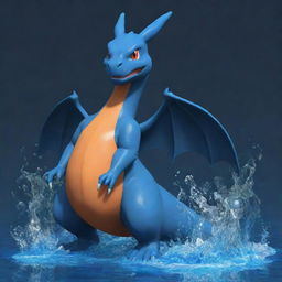 Generate an image of Charizard, yet adapted to represent the Water-Type, with aesthetics of deep blues and aquatic elements.