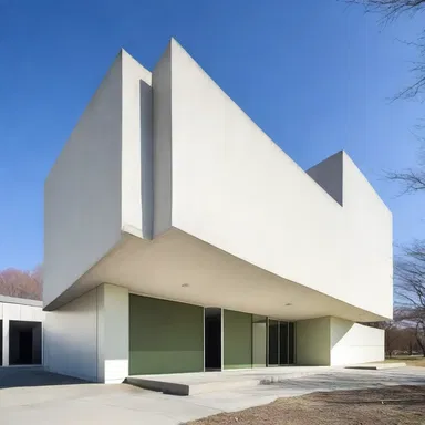 The modernist building featured a severely minimalist design with clean lines and a limited color palette.