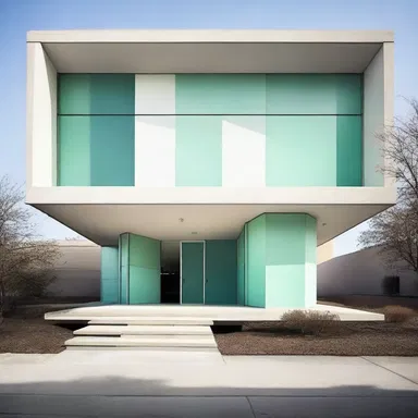 The modernist building featured a severely minimalist design with clean lines and a limited color palette.