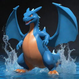 Generate an image of Charizard, yet adapted to represent the Water-Type, with aesthetics of deep blues and aquatic elements.