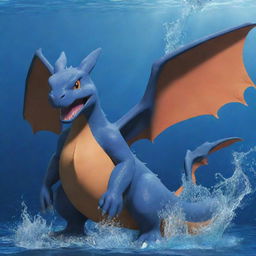 Generate an image of Charizard, yet adapted to represent the Water-Type, with aesthetics of deep blues and aquatic elements.