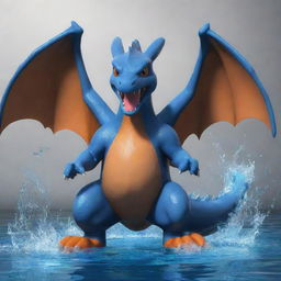 Generate an image of Charizard, yet adapted to represent the Water-Type, with aesthetics of deep blues and aquatic elements.