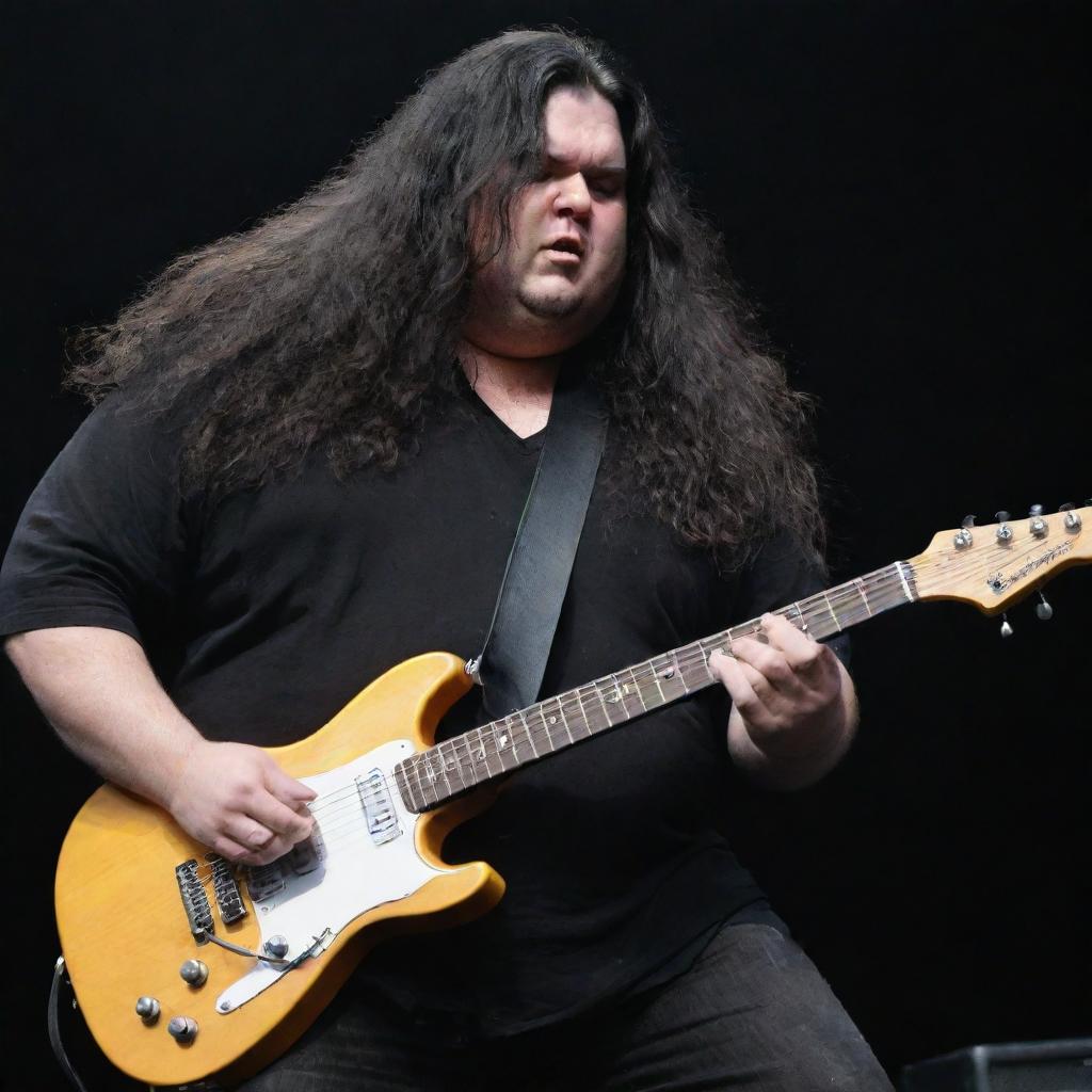 An image of an overweight, tall man with flowing long black hair, intently playing an electric guitar at a lively metal concert.