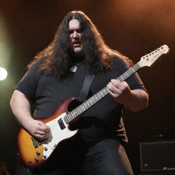 An image of an overweight, tall man with flowing long black hair, intently playing an electric guitar at a lively metal concert.