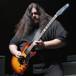 An image of an overweight, tall man with flowing long black hair, intently playing an electric guitar at a lively metal concert.