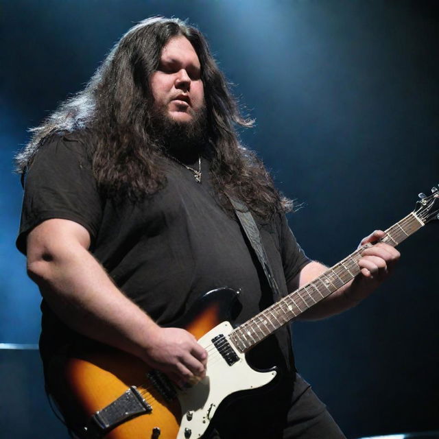 An image of an overweight, tall man with flowing long black hair, intently playing an electric guitar at a lively metal concert.