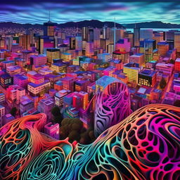 Wellington city depicted with surreal, psychedelic colors and shapes, as if experienced during an intense acid trip, full of vibrant, swirling patterns, distorted architecture, and pulsating landscapes.