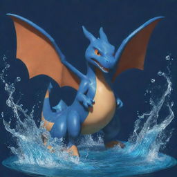 Generate an image of Charizard reimagined as a Water-Type, incorporating aquatic characteristics and deep blue hues.