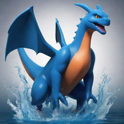 Generate an image of Charizard reimagined as a Water-Type, incorporating aquatic characteristics and deep blue hues.