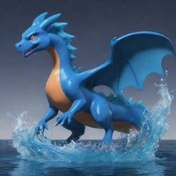 Generate an image of Charizard reimagined as a Water-Type, incorporating aquatic characteristics and deep blue hues.