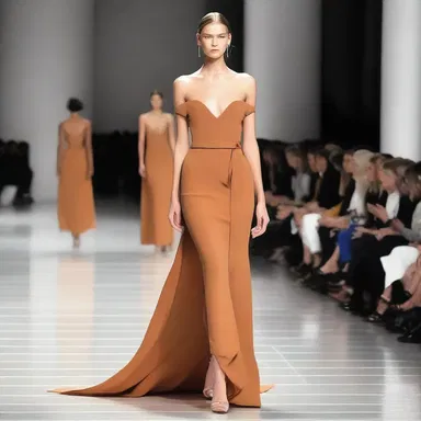 The model walked down the runway wearing a stunning caramel-colored dress.