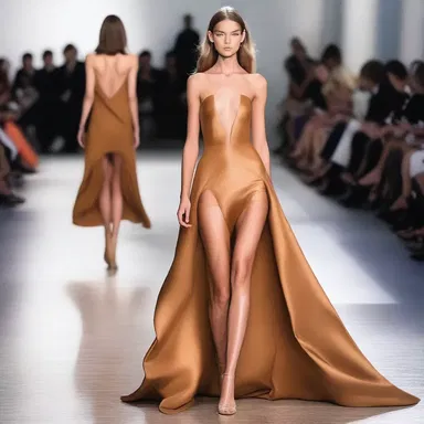 The model walked down the runway wearing a stunning caramel-colored dress.
