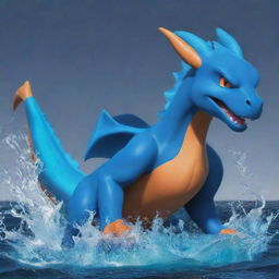 Generate an image of Charizard reimagined as a Water-Type, incorporating aquatic characteristics and deep blue hues.