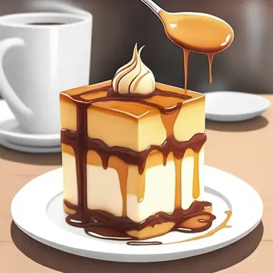 In the anime series, the chef prepared a delicious dessert with a drizzle of caramel on top.