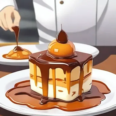 In the anime series, the chef prepared a delicious dessert with a drizzle of caramel on top.