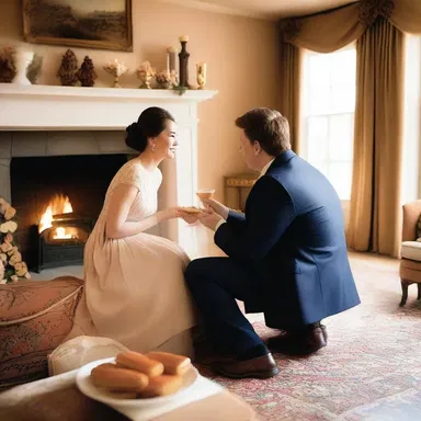 The couple sat by the fireplace, sharing a romantic moment while indulging in sweet caramel treats.