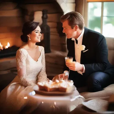 The couple sat by the fireplace, sharing a romantic moment while indulging in sweet caramel treats.