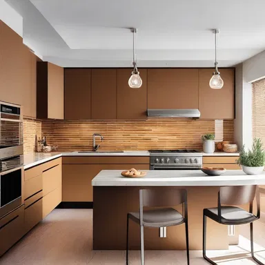 The sleek and modern kitchen featured a stunning caramel-colored backsplash, adding warmth and elegance to the space.