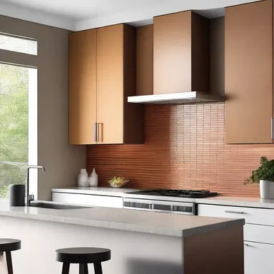 The sleek and modern kitchen featured a stunning caramel-colored backsplash, adding warmth and elegance to the space.