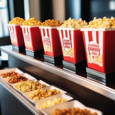 The cinema concession stand offers a variety of snacks, including caramel popcorn.