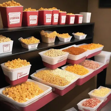 The cinema concession stand offers a variety of snacks, including caramel popcorn.