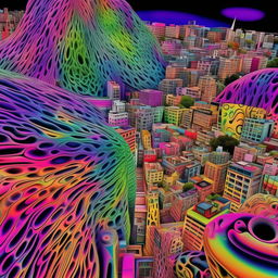 Wellington city depicted with surreal, psychedelic colors and shapes, as if experienced during an intense acid trip, full of vibrant, swirling patterns, distorted architecture, and pulsating landscapes.