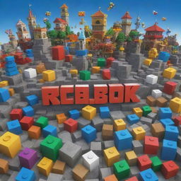 A detailed and colorful 3D image of the Roblox logo set against a dynamic backdrop of an in-game scene filled with avatars and structures.