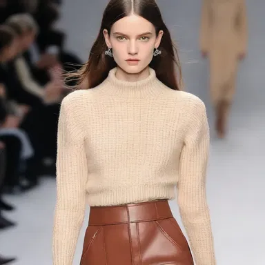 The runway model wore a trendy ribbed sweater, adding texture and style to her outfit.