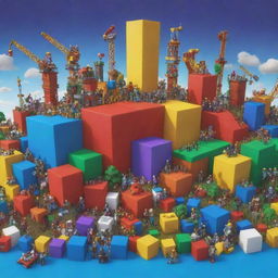 A detailed and colorful 3D image of the Roblox logo set against a dynamic backdrop of an in-game scene filled with avatars and structures.