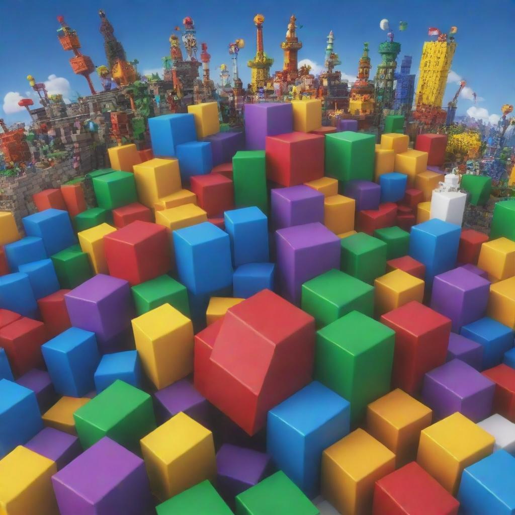 A detailed and colorful 3D image of the Roblox logo set against a dynamic backdrop of an in-game scene filled with avatars and structures.