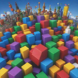 A detailed and colorful 3D image of the Roblox logo set against a dynamic backdrop of an in-game scene filled with avatars and structures.