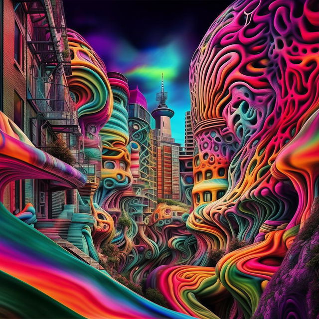 Wellington city depicted with surreal, psychedelic colors and shapes, as if experienced during an intense acid trip, full of vibrant, swirling patterns, distorted architecture, and pulsating landscapes.