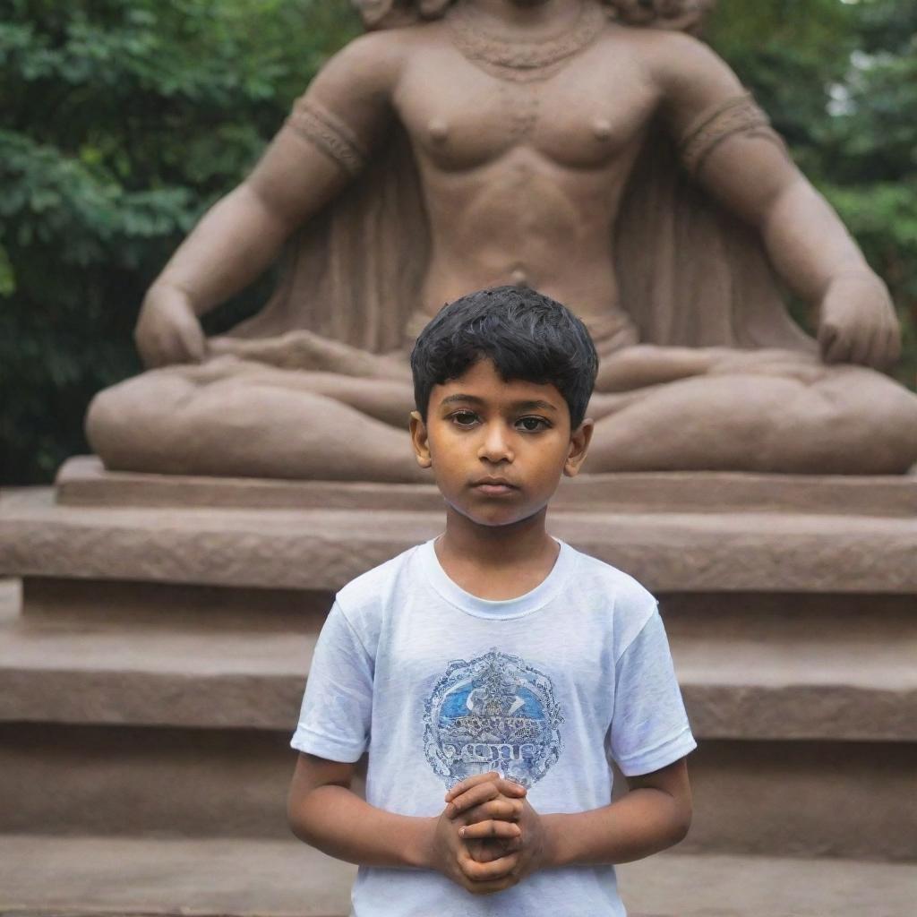 A young boy named Sumit, dressed in a t-shirt displaying his name, sincerely praying in front of the beautifully detailed statue of the Mahadev deity.